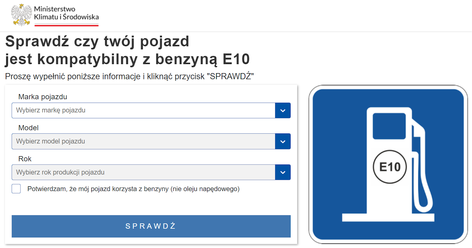 Zdjęcie przedstawia wyszukiwarkę gov służącą do sprawdzania kompatybilności samochodów z E10.